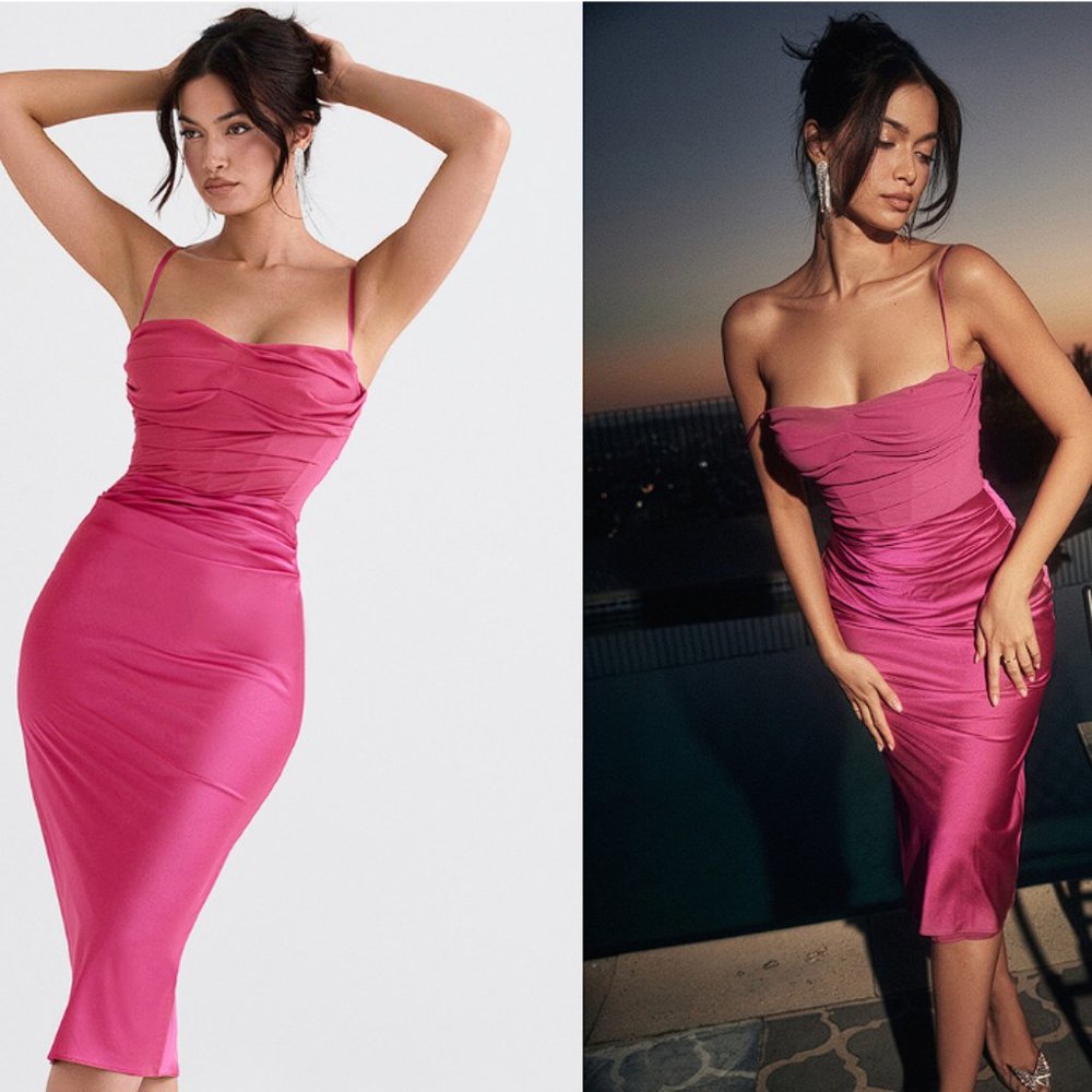 House of CB 'Teia' Hot Pink Draped Corset Midi Dress NWT